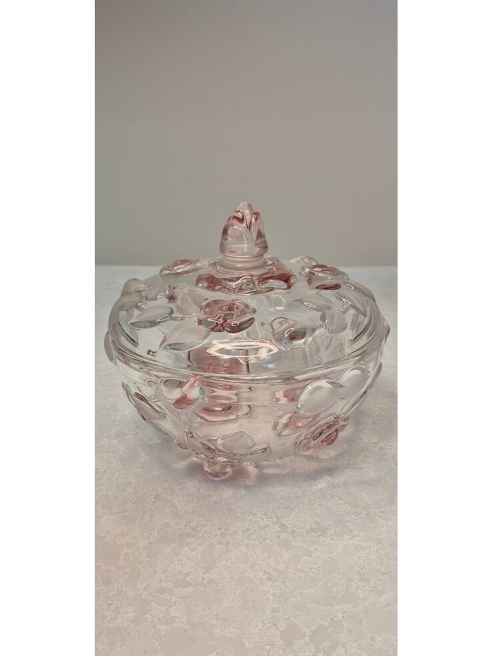 Vintage Pink Frosted Embossed Rose Glass Covered Candy Dish Three Footed 6"